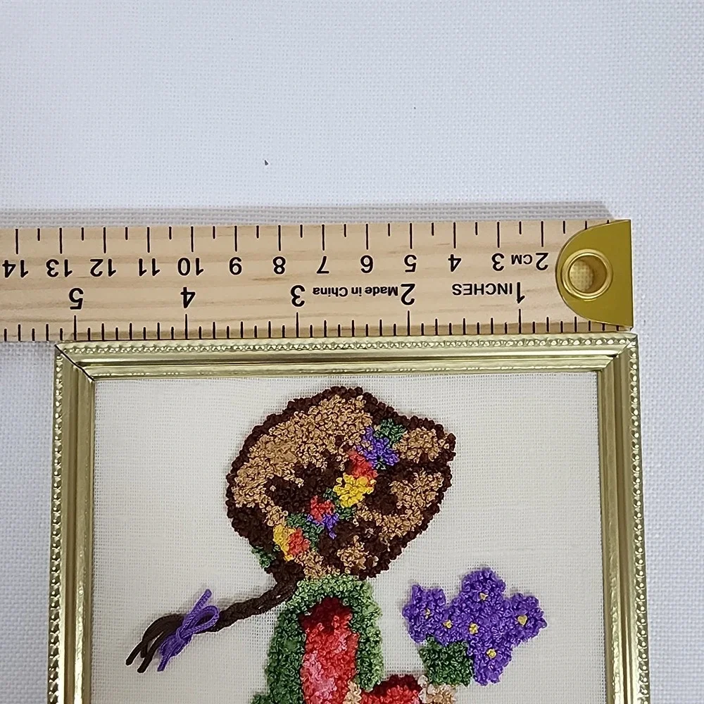 Vintage Hand Made Punch Needle Prairie Girl Cottagecore Decor Framed 5X7